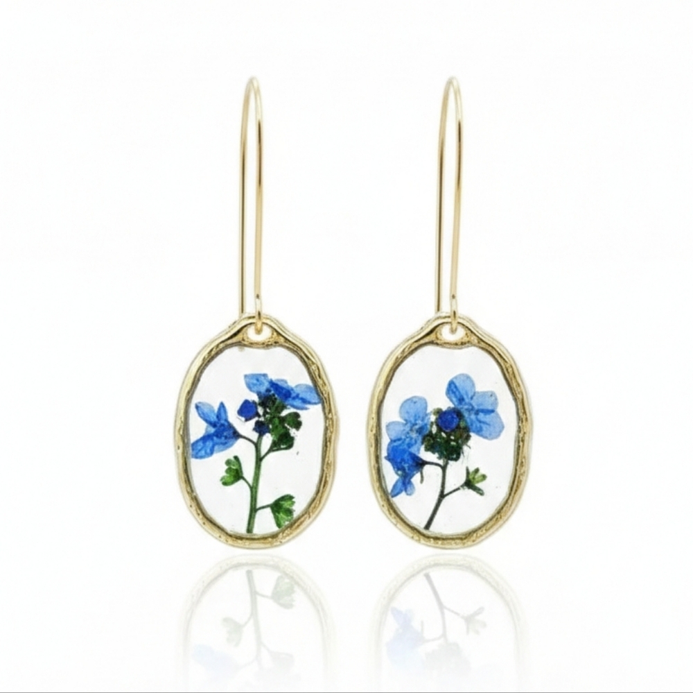 🆕️ Artisan With Real Floral & Resin Gold and Blue Floral Earrings